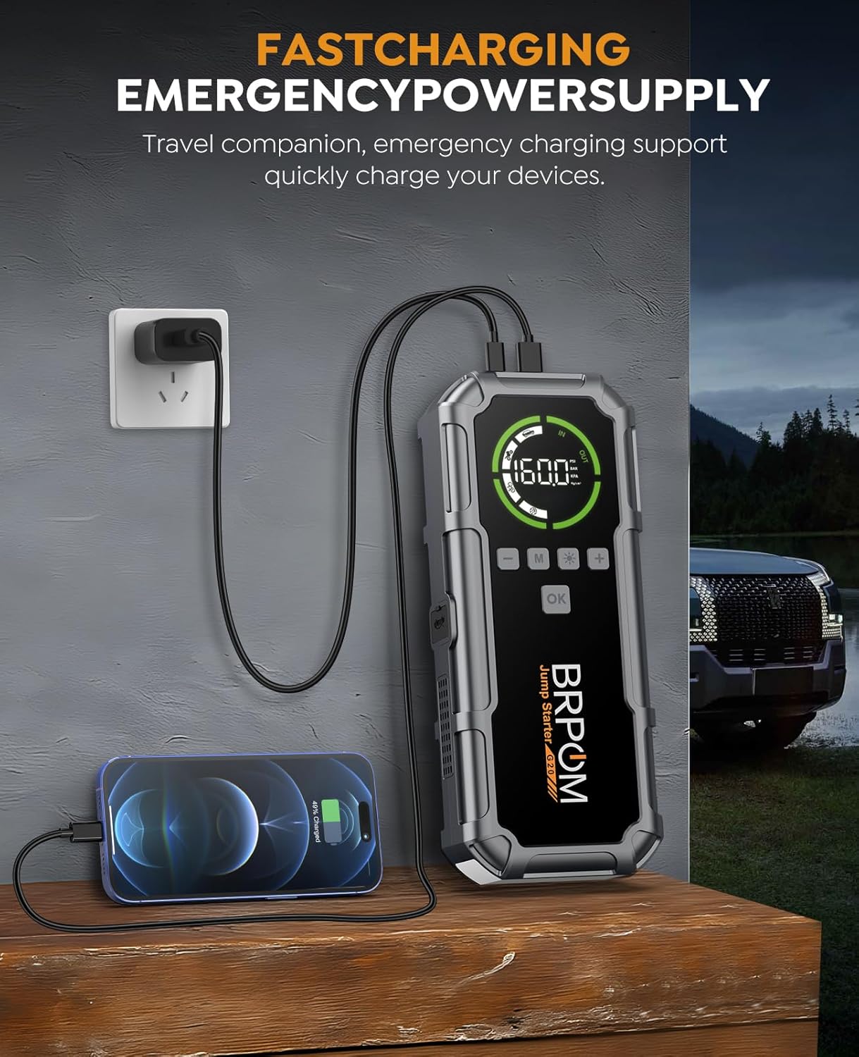 Jump Starter with Air Compressor, BRPOM 8000A Portable Car Jump Starter (All Petrol/12L Diesel), 160PSI 12V Battery Jump Starter Power Pack with Jump Clamps, LCD Screen, 600 Lumens Emergency Light - Image 3