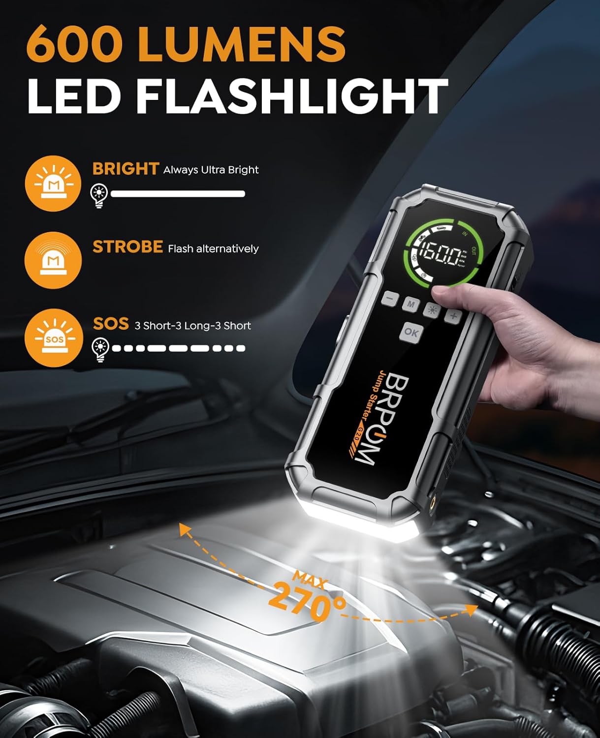 Jump Starter with Air Compressor, BRPOM 8000A Portable Car Jump Starter (All Petrol/12L Diesel), 160PSI 12V Battery Jump Starter Power Pack with Jump Clamps, LCD Screen, 600 Lumens Emergency Light - Image 4