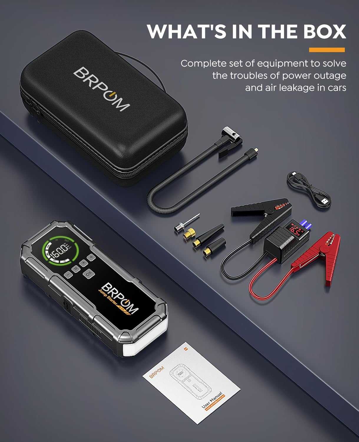 Jump Starter with Air Compressor, BRPOM 8000A Portable Car Jump Starter (All Petrol/12L Diesel), 160PSI 12V Battery Jump Starter Power Pack with Jump Clamps, LCD Screen, 600 Lumens Emergency Light - Image 8