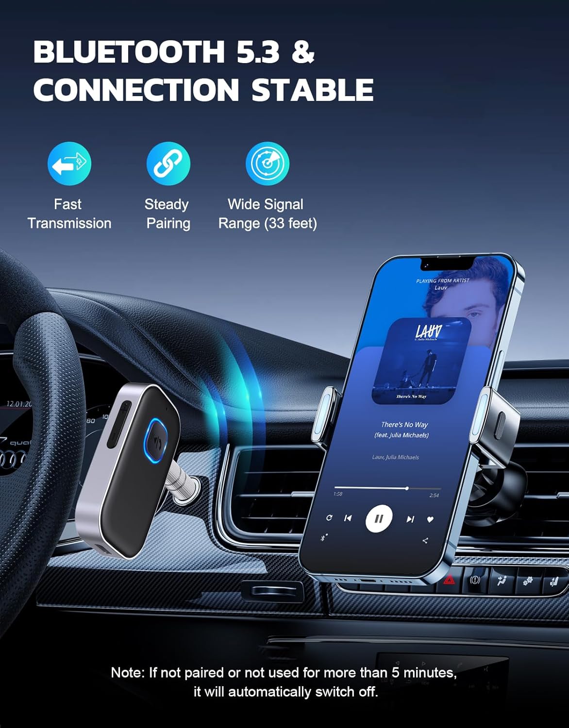 COMSOON Bluetooth Receiver for Car, Noise Cancelling 3.5mm AUX Bluetooth Car Adapter, Wireless Audio Receiver for Home Stereo/Wired Headphones, Hands-Free Call, 16H Battery Life - Black+Silver - Image 3