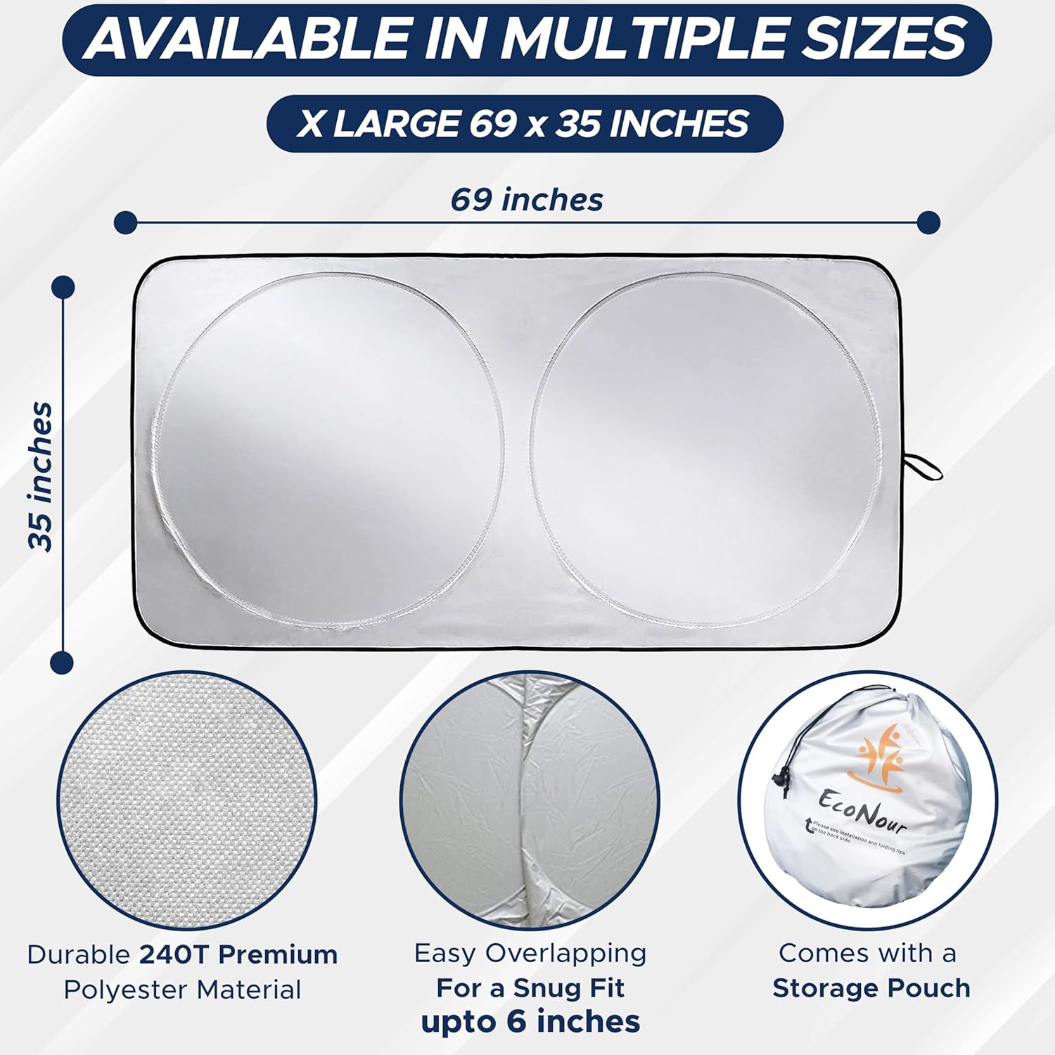 EcoNour Truck Windshield Sun Shade with Storage Pouch | Reflective 240T Material Sun Shield for UV & Heat Protection | Foldable Windshield Cover | Must-Have Truck Accessories | X-Large (69"x35") - Image 7